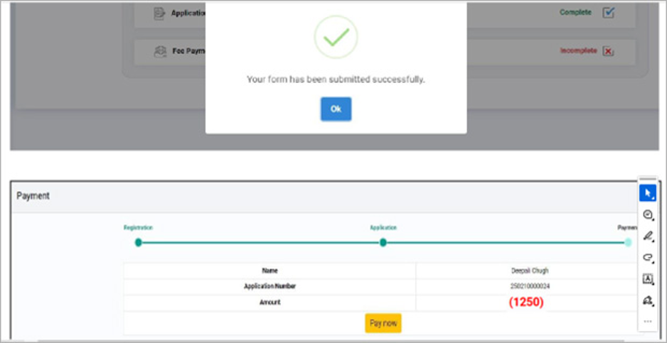 Form submission and fee payment screen (screenshot from a previous CMAT cycle)