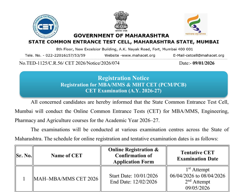 MAH MBA CET 2026 Official Registration Notice: Exam Dates