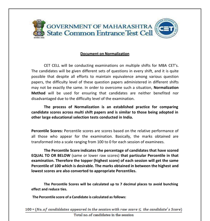 MAH MBA CET Result: Official Document on Normalisation
