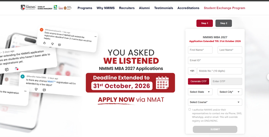 Official NMIMS Notification Extending Last Date to Oct 31, 2026