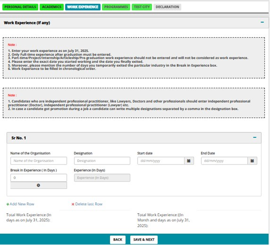CAT 2026 Form Filling: Enter Work Experience