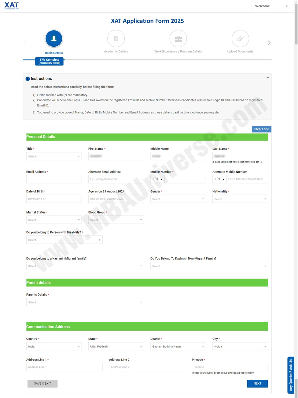 XAT Application Form: Fill Personal Details