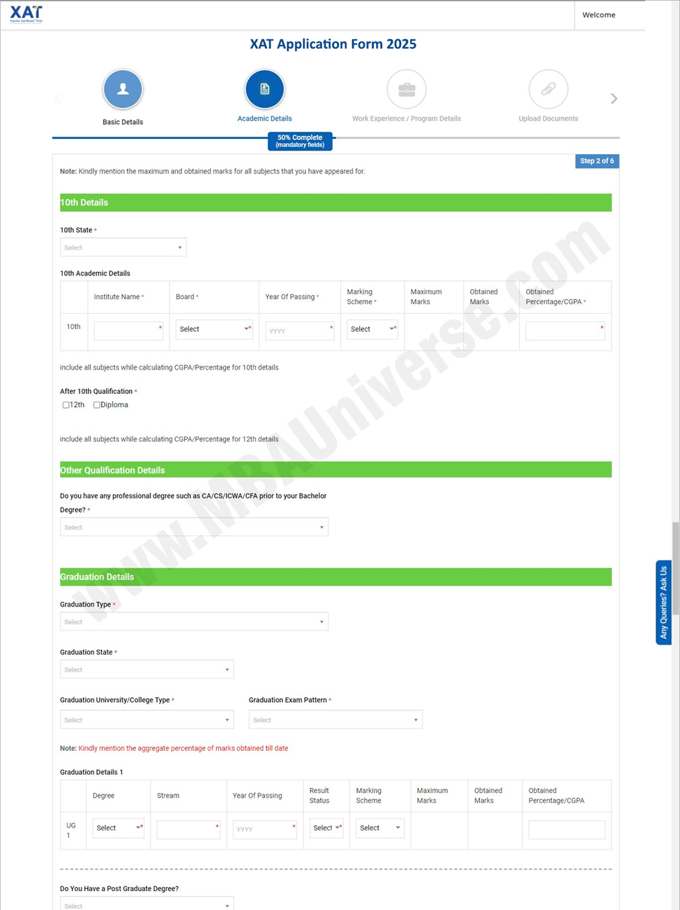 XAT Application Form: Fill Academic Details