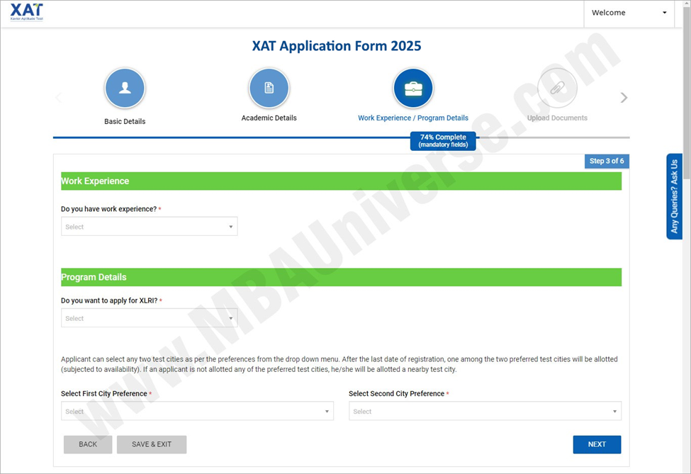 XAT Application Form: Fill Work Experience Details