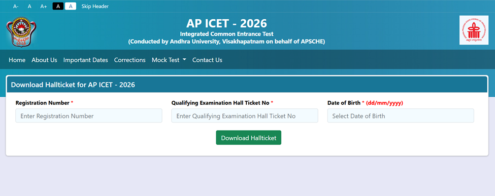 AP ICET Admit Card 2026 Login Page 