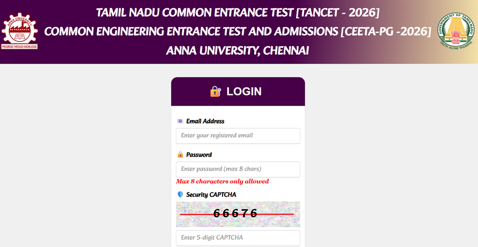 TANCET 2026 Exam Result Login Window