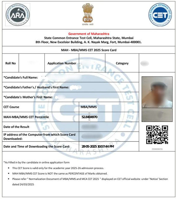 MAH MBA CET Score Card Image