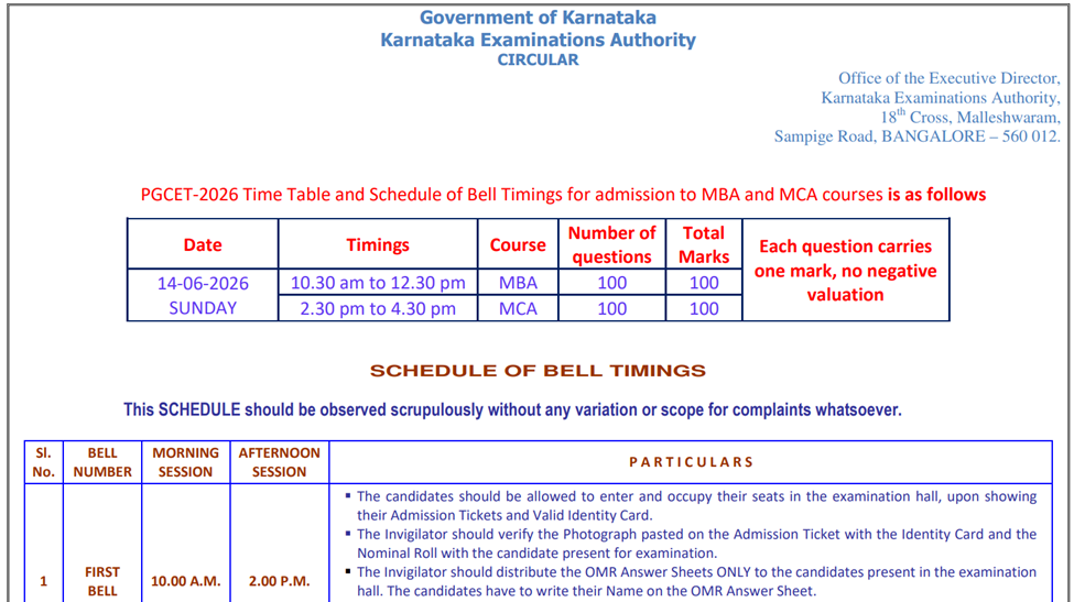KARNATAKA PGCET 2026 BELL TIMINGS: OFFICIAL NOTIFICATION